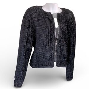 Estelle Gracer chenille cardigan Women's L, black, rhinestone zipper. Artsy! EUC